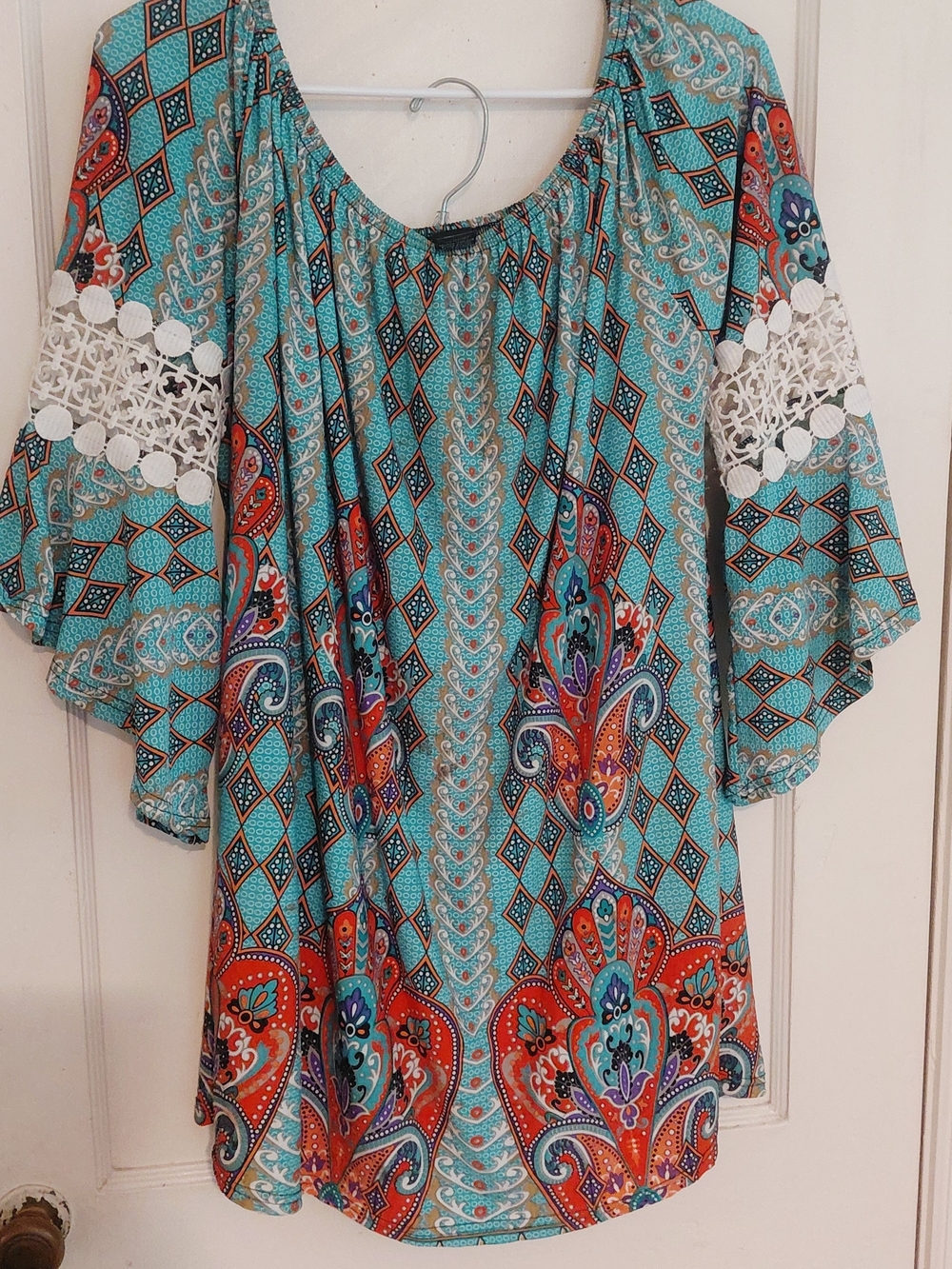 WinWin Turquoise Paisley Peasant Tunic with Crochet Trim